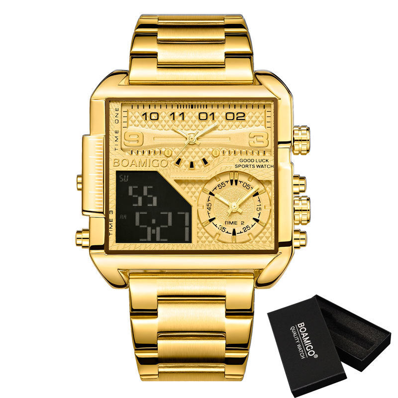 BOAMIGO Top Brand Luxury Fashion Men Watches Gold Stainless Steel Sport Square Digital Analog Big Quartz Watch for Men