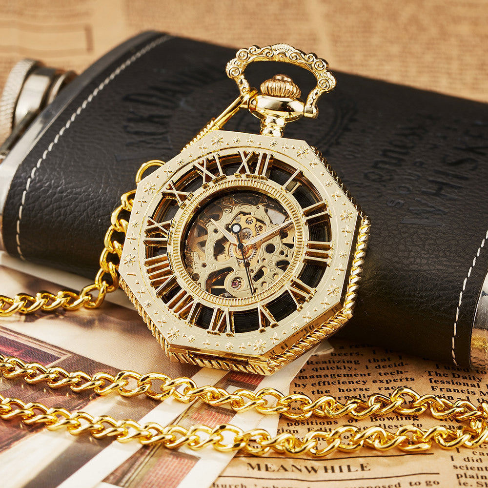 Carved Octagonal Mechanical Pocket Watch Retro Rome Specail Gift
